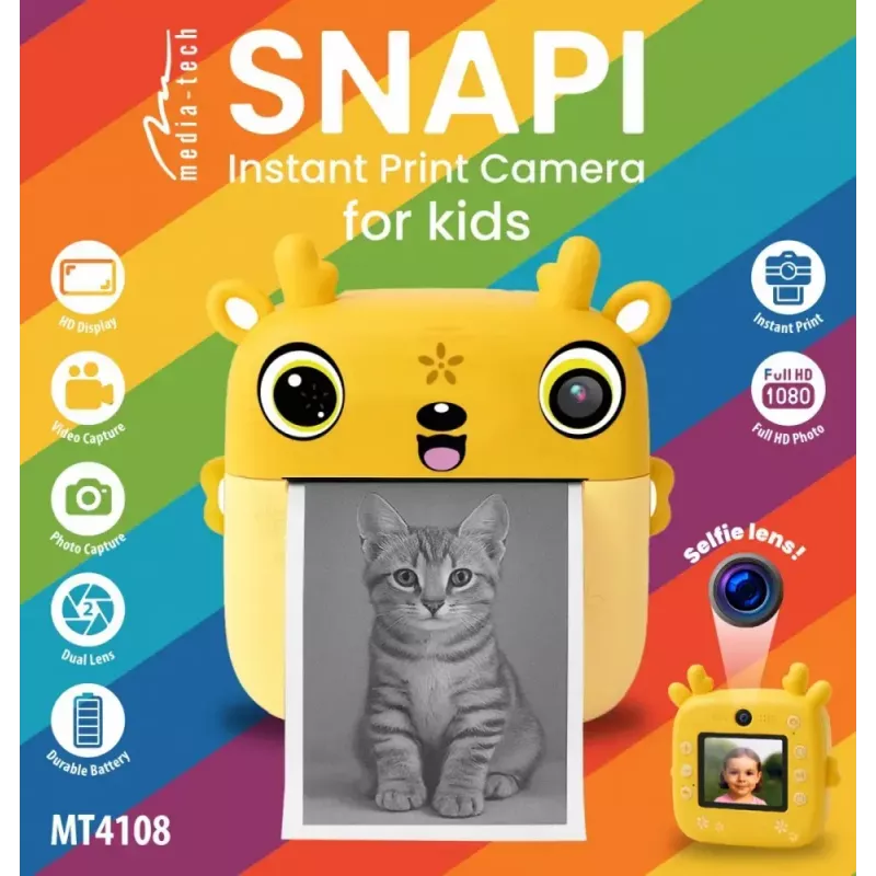 Bērnu digitālā kamera MEDIA-TECH SNAPI MT4108 — 8 MP interpolēta, 1280x720 LCD, 1000 mAh, USB-C, microSD slots, dzeltena