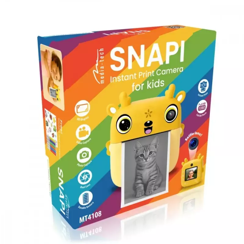 Bērnu digitālā kamera MEDIA-TECH SNAPI MT4108 — 8 MP interpolēta, 1280x720 LCD, 1000 mAh, USB-C, microSD slots, dzeltena