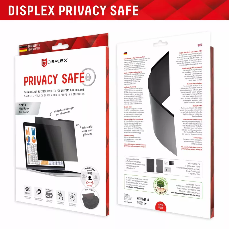 Displex PRIVACY SAFE magnētiskais 2 virzienu privātuma filtrs MacBook Air 13,6“