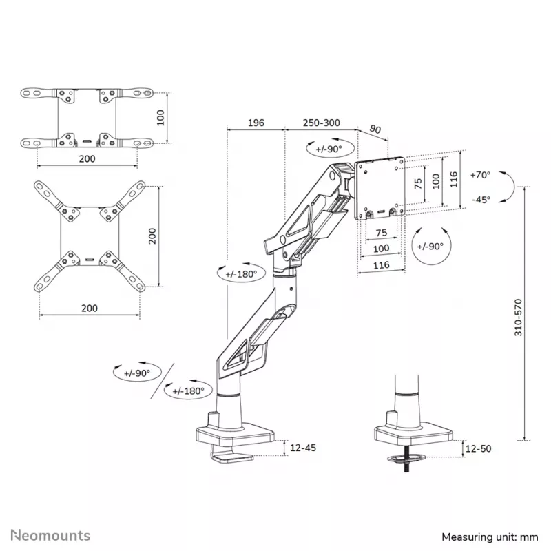 Neomounts DS70-256BL1 spēļu monitora statīvs 24–57 collu ekrāniem, gāzes atspere, Topfix, 30 kg kravnesība, VESA 75–200 mm