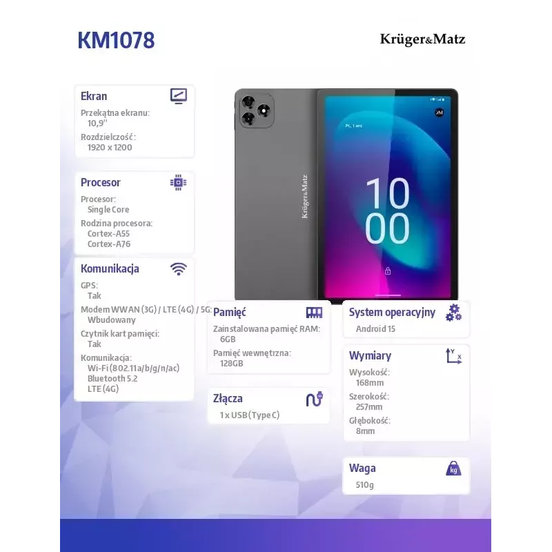 Planšetdators Kruger & Matz KM1078S 10,9 collu Displejs 4G LTE Astoņkodolu 8GB RAM 256GB Atmiņa Android