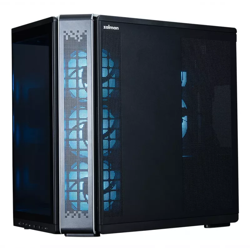 ZALMAN P60 Melns PC Midi Tower korpuss — ATX/Mini-ITX, rūdīts stikls, 3×120 mm sānu + 2×120 mm aizmugures ventilatori, 290×475×478 mm