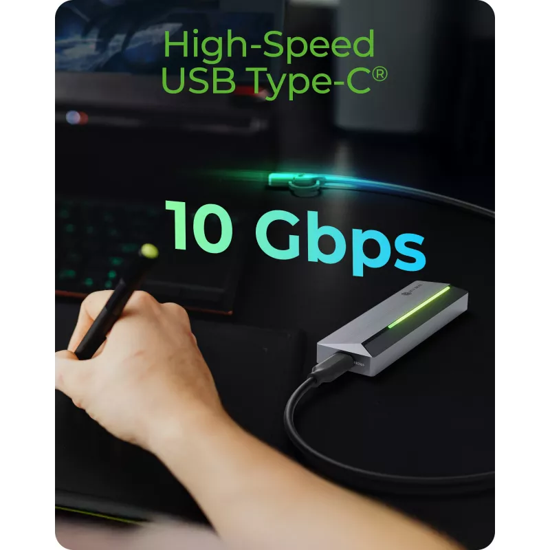 ICY BOX M.2 SATA/NVMe SSD korpuss ar USB 3.2 Gen 2 Type-C un RGB apgaismojumu