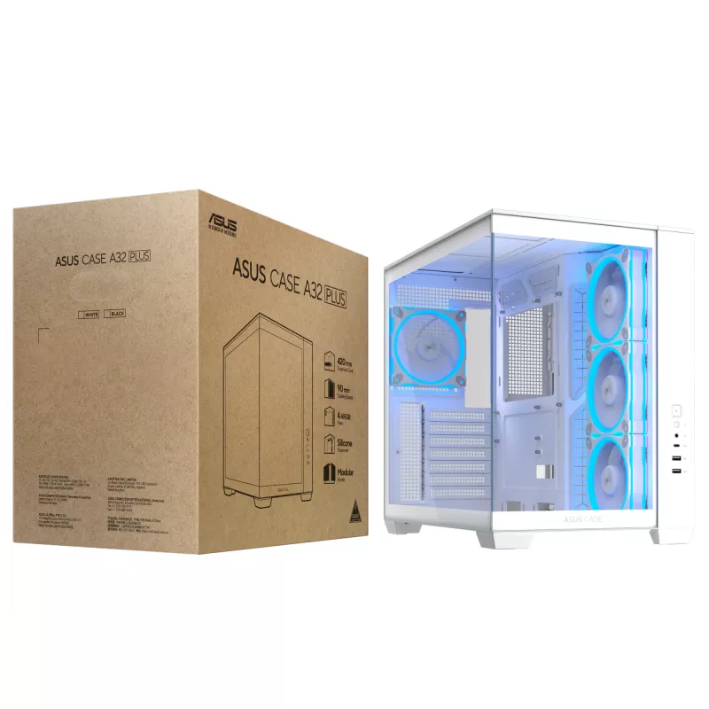 PC korpuss ASUS A32 PLUS/WT/TG/ARGB Mid Tower, balts, ATX, rūdīts stikls, ARGB, USB-C, atbalsta līdz 420 mm GPU
