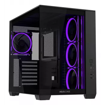 Datora korpuss ASUS A32 PLUS ATX, melns — rūdītais stikls, RGB ventilatori, USB-C, atbalsta ATX/Micro-ATX/Mini-ITX