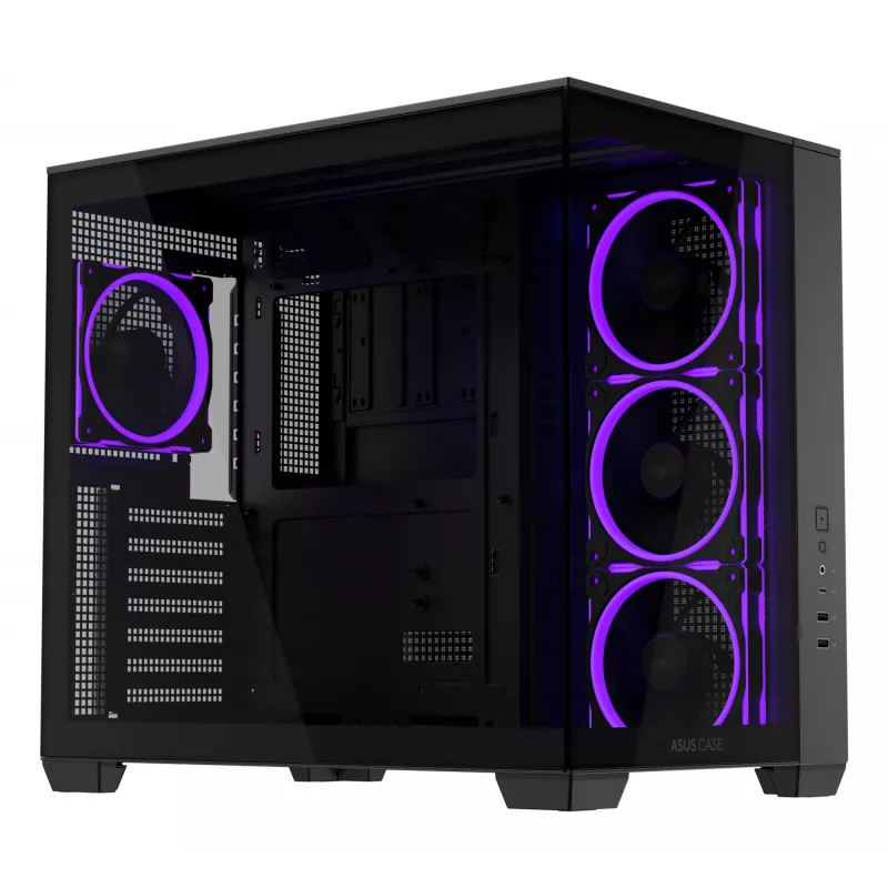Datora korpuss ASUS A32 PLUS ATX, melns — rūdītais stikls, RGB ventilatori, USB-C, atbalsta ATX/Micro-ATX/Mini-ITX