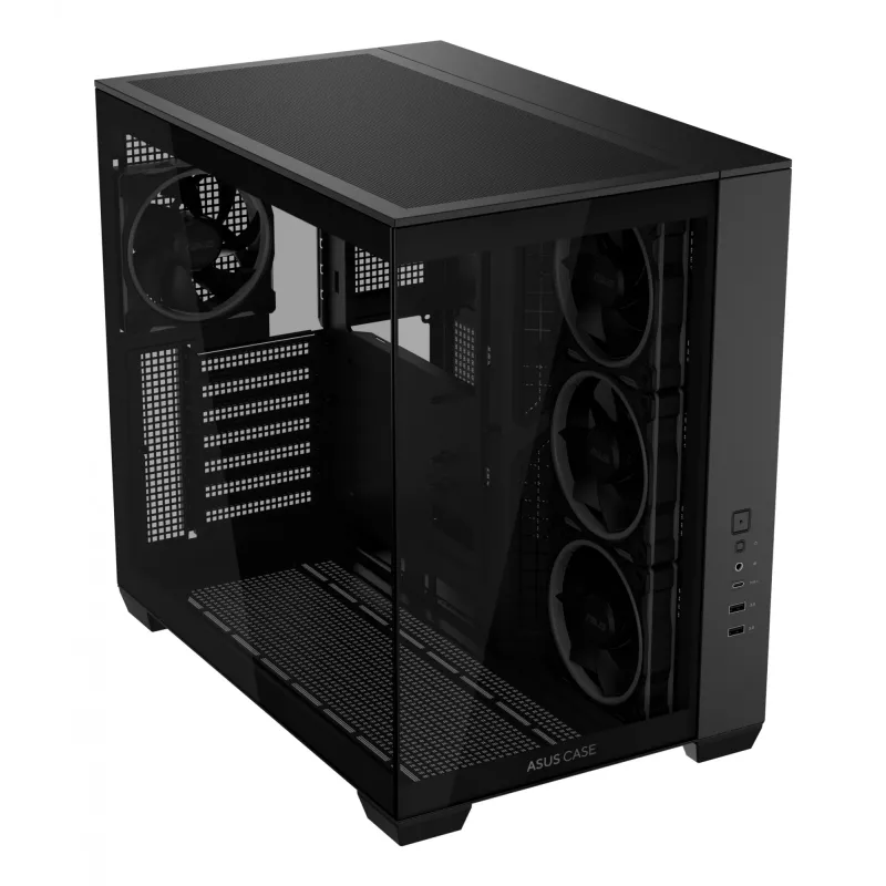 Datora korpuss ASUS A32 PLUS ATX, melns — rūdītais stikls, RGB ventilatori, USB-C, atbalsta ATX/Micro-ATX/Mini-ITX