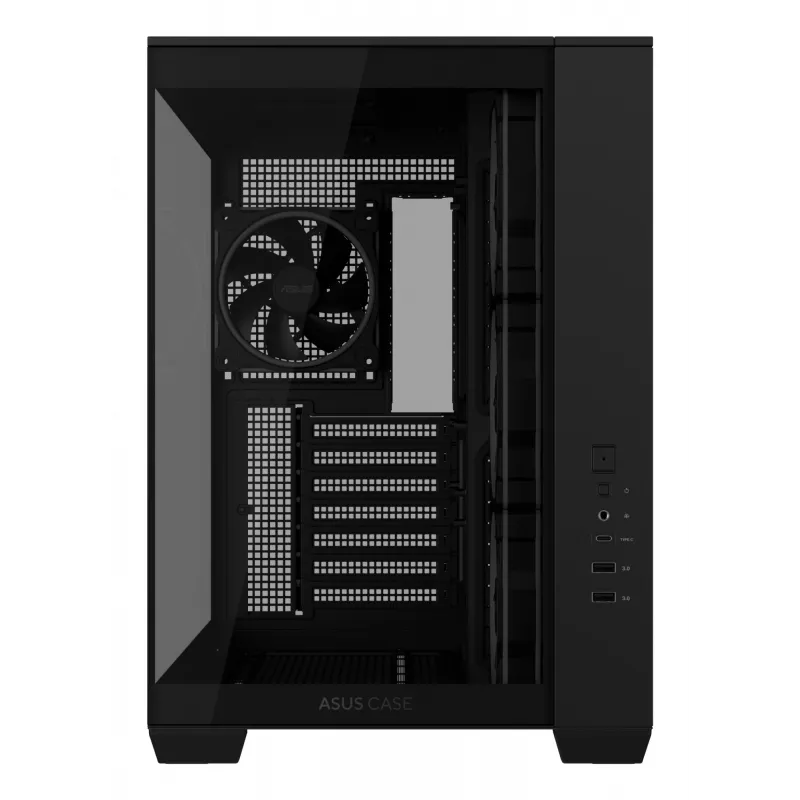 Datora korpuss ASUS A32 PLUS ATX, melns — rūdītais stikls, RGB ventilatori, USB-C, atbalsta ATX/Micro-ATX/Mini-ITX