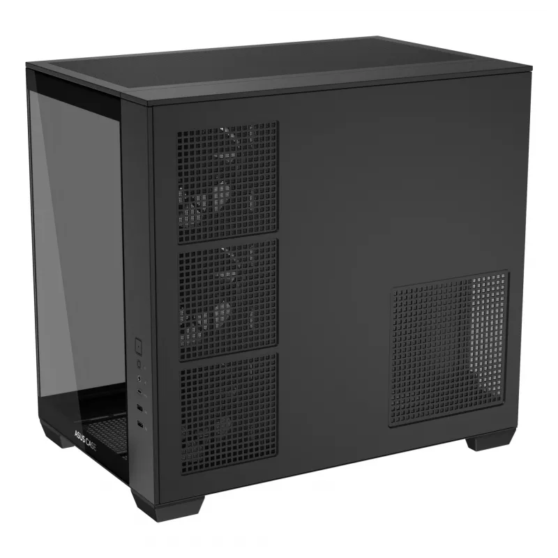 Datora korpuss ASUS A32 PLUS ATX, melns — rūdītais stikls, RGB ventilatori, USB-C, atbalsta ATX/Micro-ATX/Mini-ITX