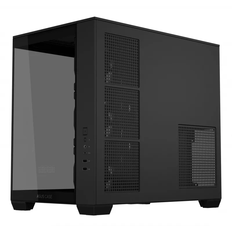 Datora korpuss ASUS A32 PLUS ATX, melns — rūdītais stikls, RGB ventilatori, USB-C, atbalsta ATX/Micro-ATX/Mini-ITX
