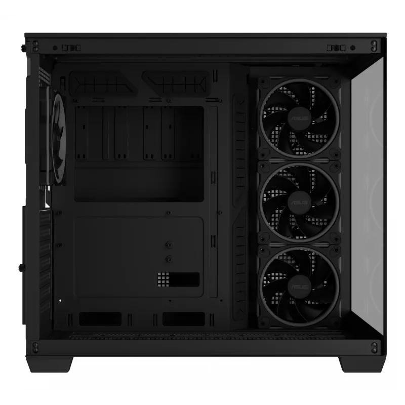 Datora korpuss ASUS A32 PLUS ATX, melns — rūdītais stikls, RGB ventilatori, USB-C, atbalsta ATX/Micro-ATX/Mini-ITX