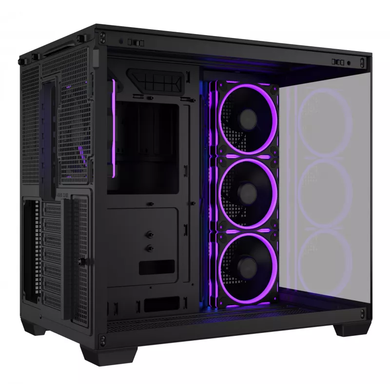 Datora korpuss ASUS A32 PLUS ATX, melns — rūdītais stikls, RGB ventilatori, USB-C, atbalsta ATX/Micro-ATX/Mini-ITX