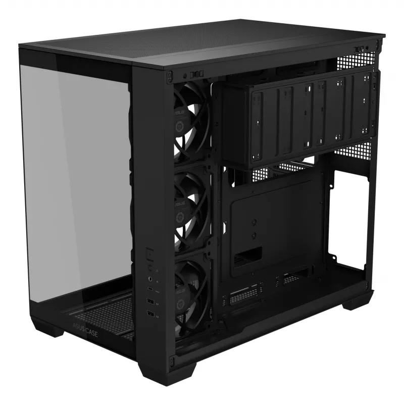 Datora korpuss ASUS A32 PLUS ATX, melns — rūdītais stikls, RGB ventilatori, USB-C, atbalsta ATX/Micro-ATX/Mini-ITX
