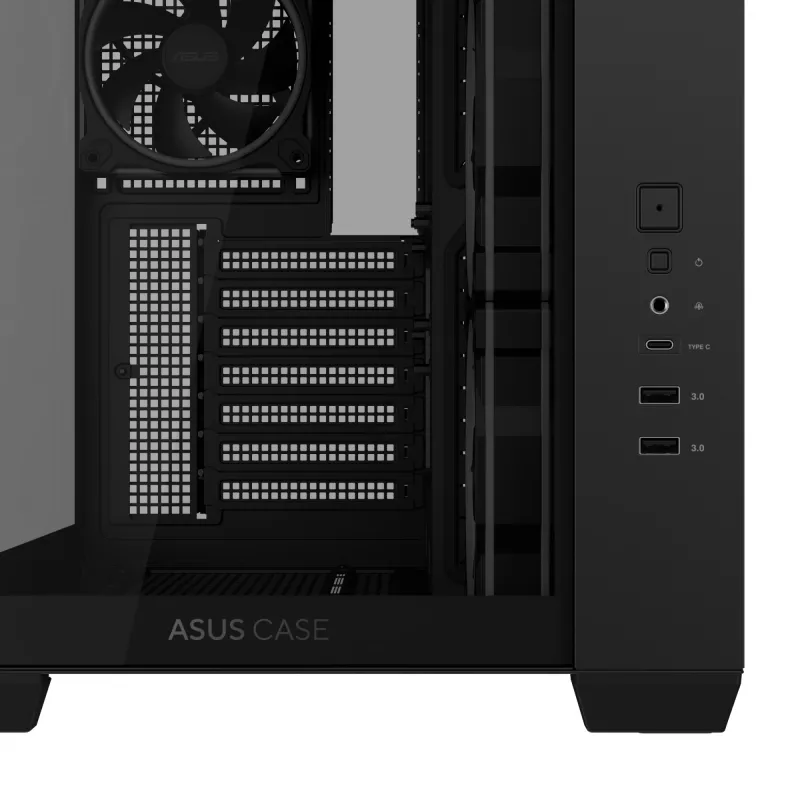 Datora korpuss ASUS A32 PLUS ATX, melns — rūdītais stikls, RGB ventilatori, USB-C, atbalsta ATX/Micro-ATX/Mini-ITX