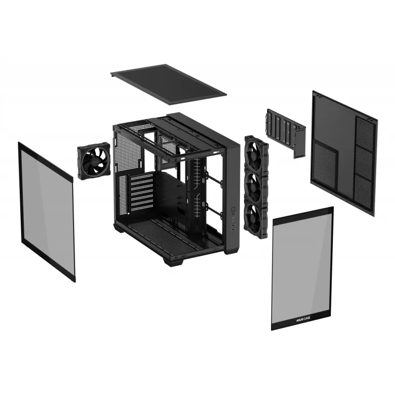 Datora korpuss ASUS A32 PLUS ATX, melns — rūdītais stikls, RGB ventilatori, USB-C, atbalsta ATX/Micro-ATX/Mini-ITX