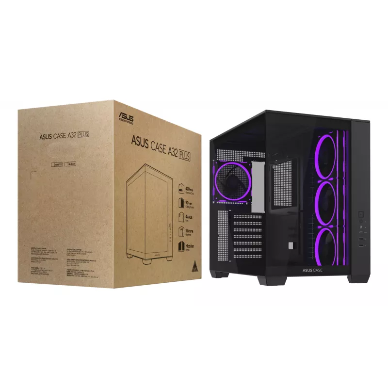 Datora korpuss ASUS A32 PLUS ATX, melns — rūdītais stikls, RGB ventilatori, USB-C, atbalsta ATX/Micro-ATX/Mini-ITX