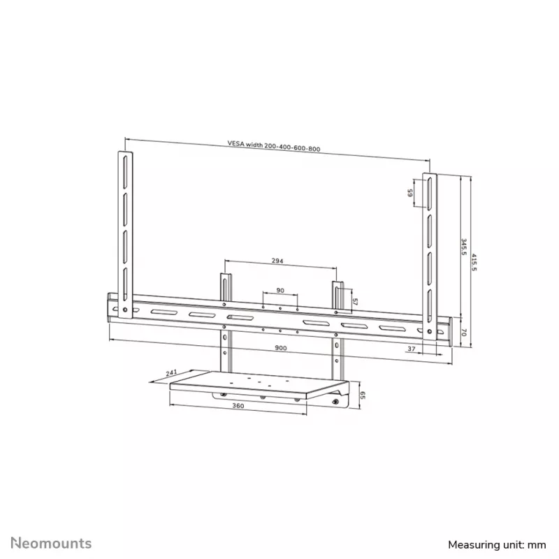 Neomounts klēpjdatoru plaukta komplekts AV45-500BL 43–110 collu ekrāniem, VESA līdz 600x400, maks. 2,5 kg, 900×242×640 mm