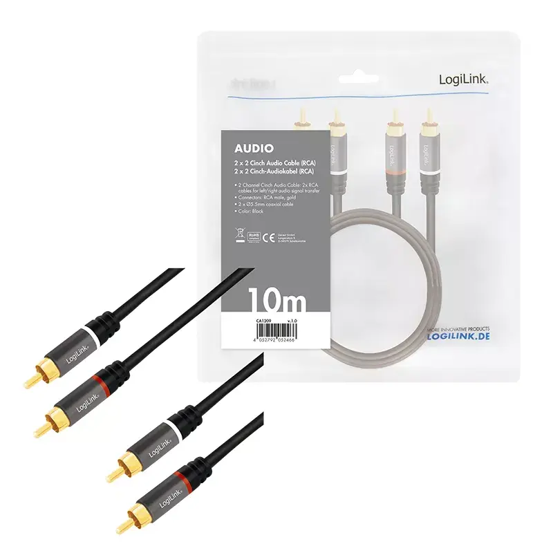 Audio kabelis LogiLink CA1209 10m 2xRCA melns