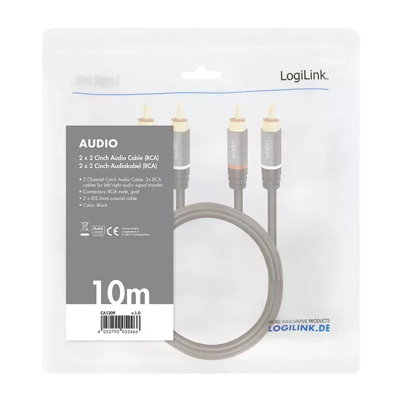 Audio kabelis LogiLink CA1209 10m 2xRCA melns