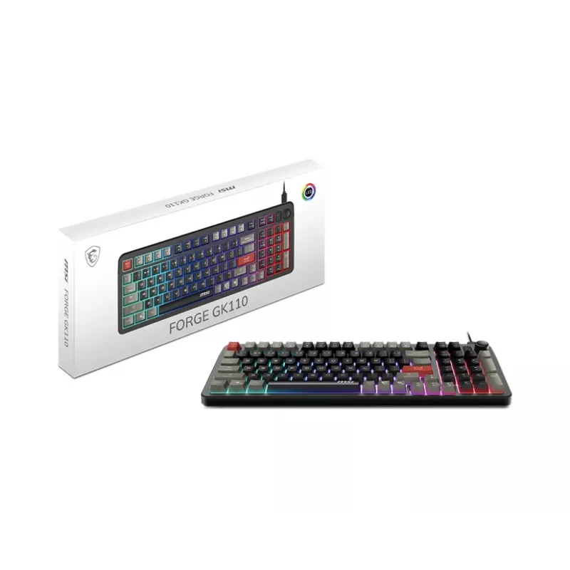 Klaviatūra MSI Forge GK110 — pilna izmēra (100%), USB vadu, QWERTY US angļu, membrāna, RGB fona apgaismojums, 97 taustiņi, melna