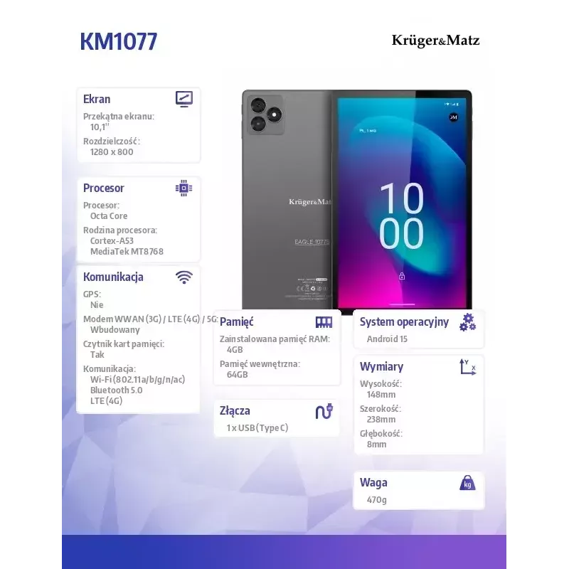 Planšetdators Kruger & Matz KM1077 10,1 collu Displejs Četrkodolu 4 GB RAM 64 GB atmiņa Android