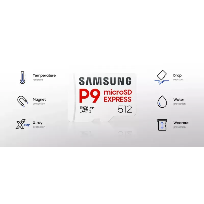 microSDXC atmiņas karte Samsung P9 Express 256 GB — UHS-I, lasīšanas ātrums 800 MB/s, V30, U1, izturīga