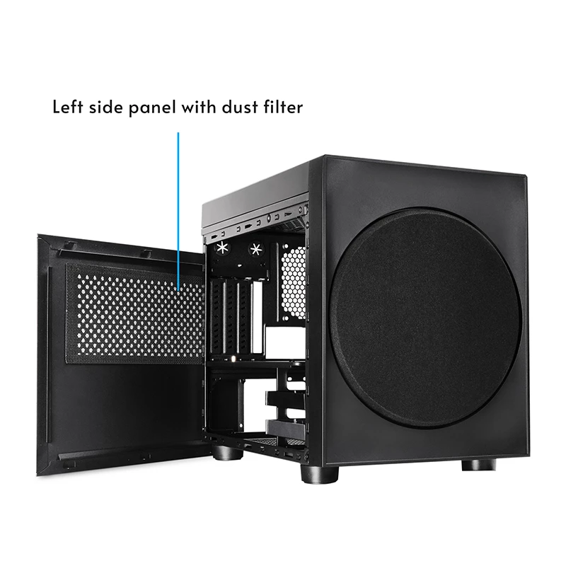Datora korpuss CHIEFTEC CI-03B-OP Cube melns — Cube formas faktors, atbalsta Micro ATX/Mini-ITX, 2x3,5 collu + 2x2,5 collu nodalījumi, 1x200 mm priekšējais ventilators