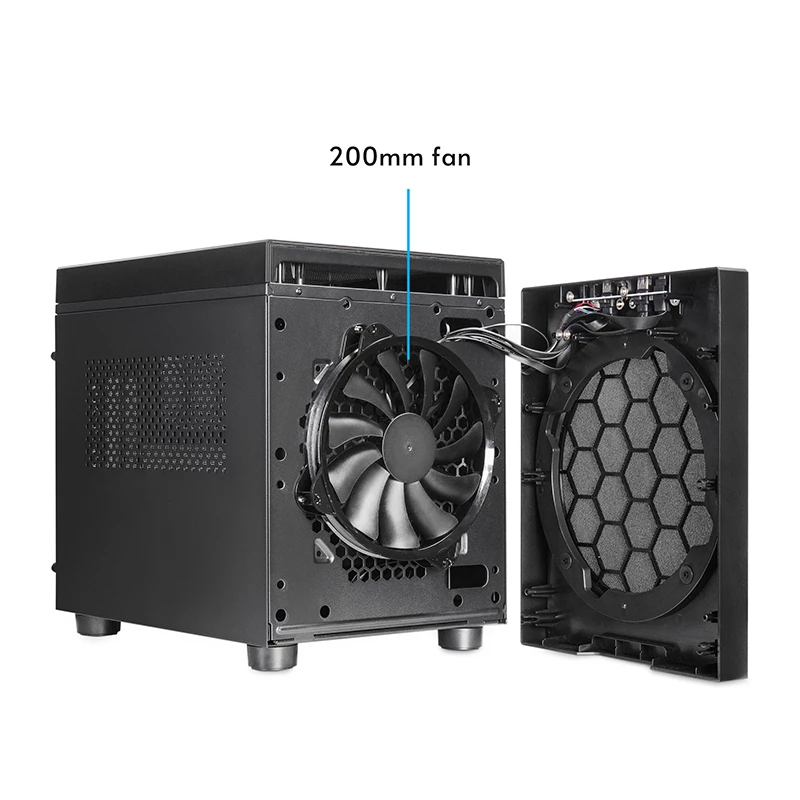Datora korpuss CHIEFTEC CI-03B-OP Cube melns — Cube formas faktors, atbalsta Micro ATX/Mini-ITX, 2x3,5 collu + 2x2,5 collu nodalījumi, 1x200 mm priekšējais ventilators