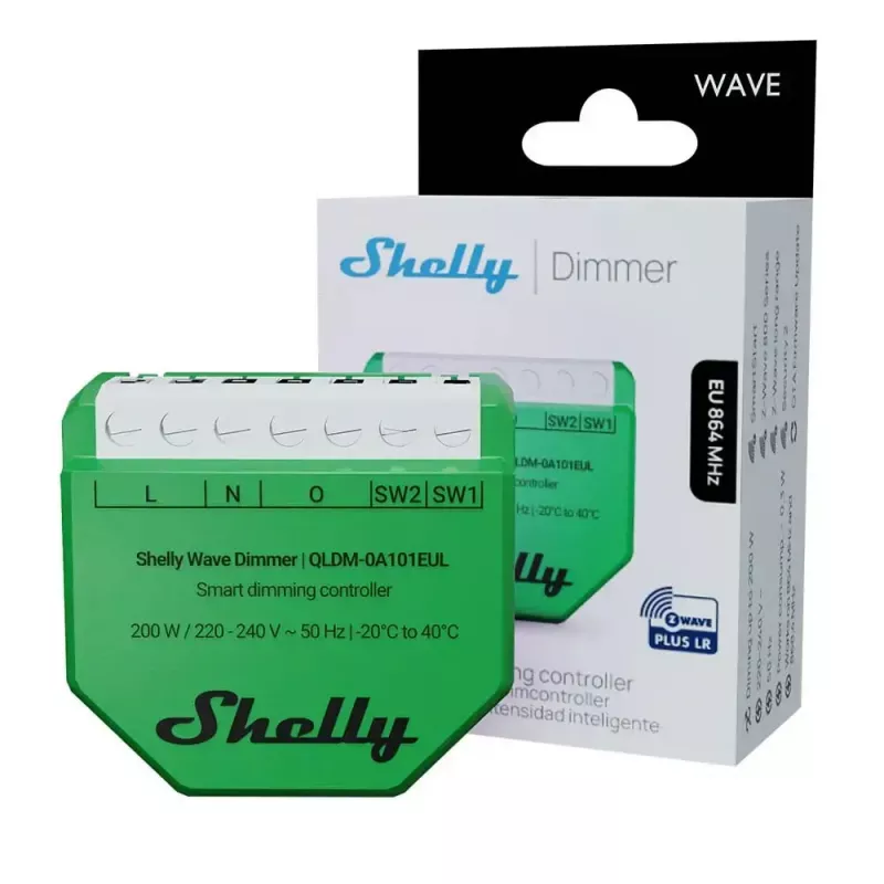 Shelly Wave Dimmer EU LR viedais dimmera kontrolieris — 2 kanālu, bez neitrāles, 220–240 V, LED līdz 150 W, kvēlspuldzes līdz 200 W, 864–868,4 MHz