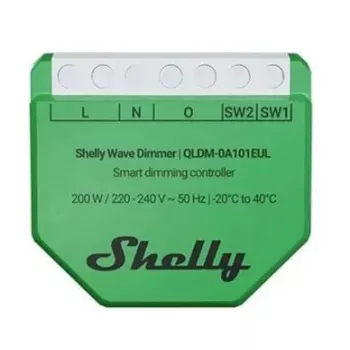 Shelly Wave Dimmer EU LR viedais dimmera kontrolieris — 2 kanālu, bez neitrāles, 220–240 V, LED līdz 150 W, kvēlspuldzes līdz 200 W, 864–868,4 MHz