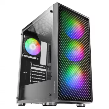 Mars Gaming MC-F melns, ATX spēļu vidējais tornis, pilna rūdīta stikla logs, metāla sieta priekšpuse, 4x 120mm ARGB ventilatori