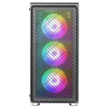 Mars Gaming MC-F melns, ATX spēļu vidējais tornis, pilna rūdīta stikla logs, metāla sieta priekšpuse, 4x 120mm ARGB ventilatori