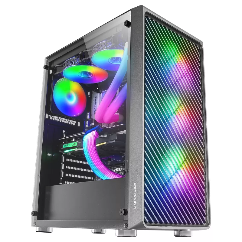 Mars Gaming MC-F melns, ATX spēļu vidējais tornis, pilna rūdīta stikla logs, metāla sieta priekšpuse, 4x 120mm ARGB ventilatori