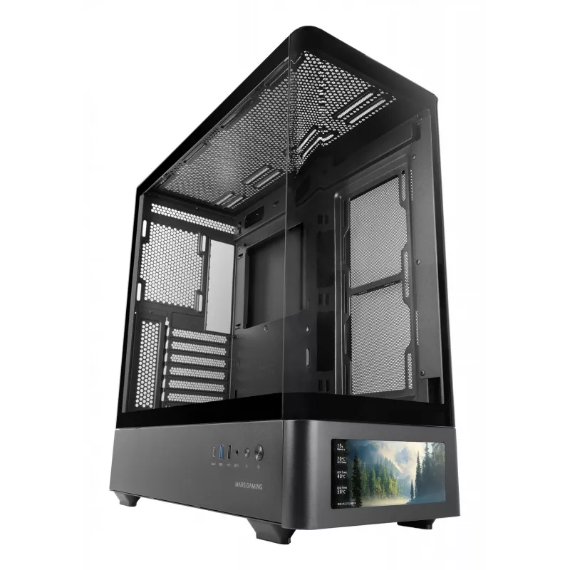PC korpuss TACENS Mars Gaming MCLCDPRO Midi Tower — Melns, IPS 7.2 collu Displejs, Apakšējais barošanas bloks, ATX/Micro‑ATX/Mini‑ITX atbalsts