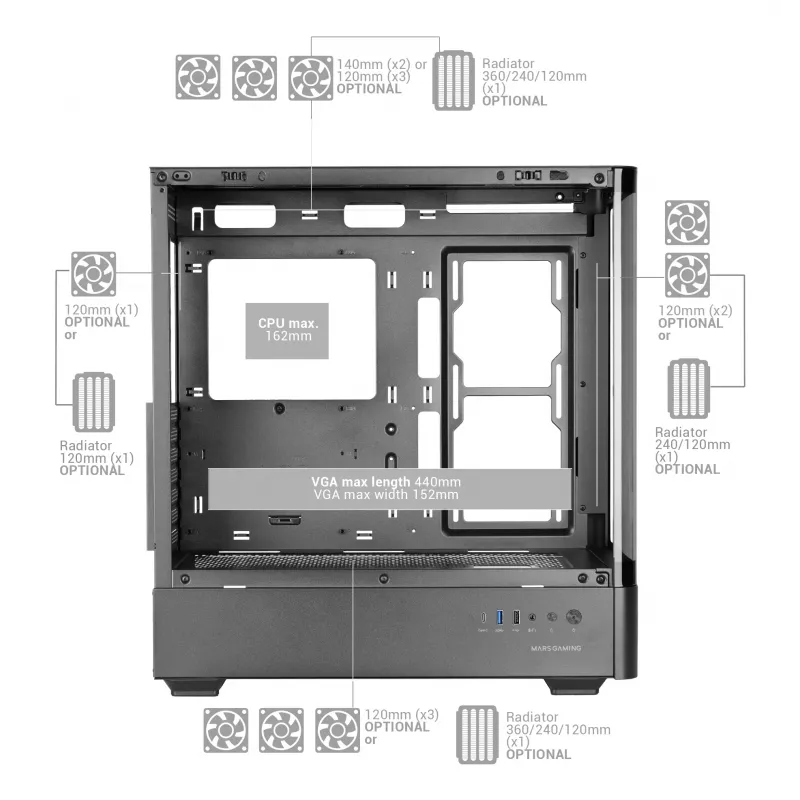 PC korpuss TACENS Mars Gaming MCLCDPRO Midi Tower — Melns, IPS 7.2 collu Displejs, Apakšējais barošanas bloks, ATX/Micro‑ATX/Mini‑ITX atbalsts