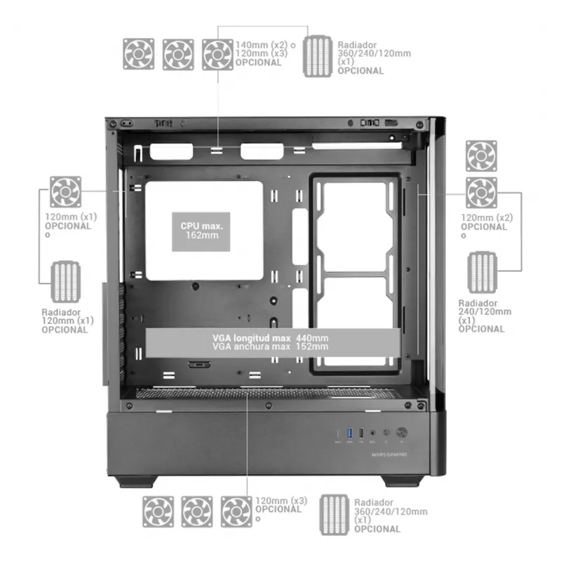 PC korpuss TACENS Mars Gaming MCLCDPRO Midi Tower — Melns, IPS 7.2 collu Displejs, Apakšējais barošanas bloks, ATX/Micro‑ATX/Mini‑ITX atbalsts