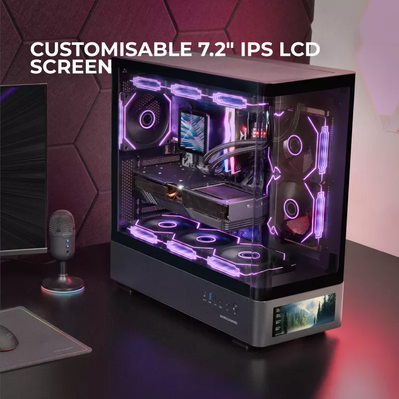PC korpuss TACENS Mars Gaming MCLCDPRO Midi Tower — Melns, IPS 7.2 collu Displejs, Apakšējais barošanas bloks, ATX/Micro‑ATX/Mini‑ITX atbalsts
