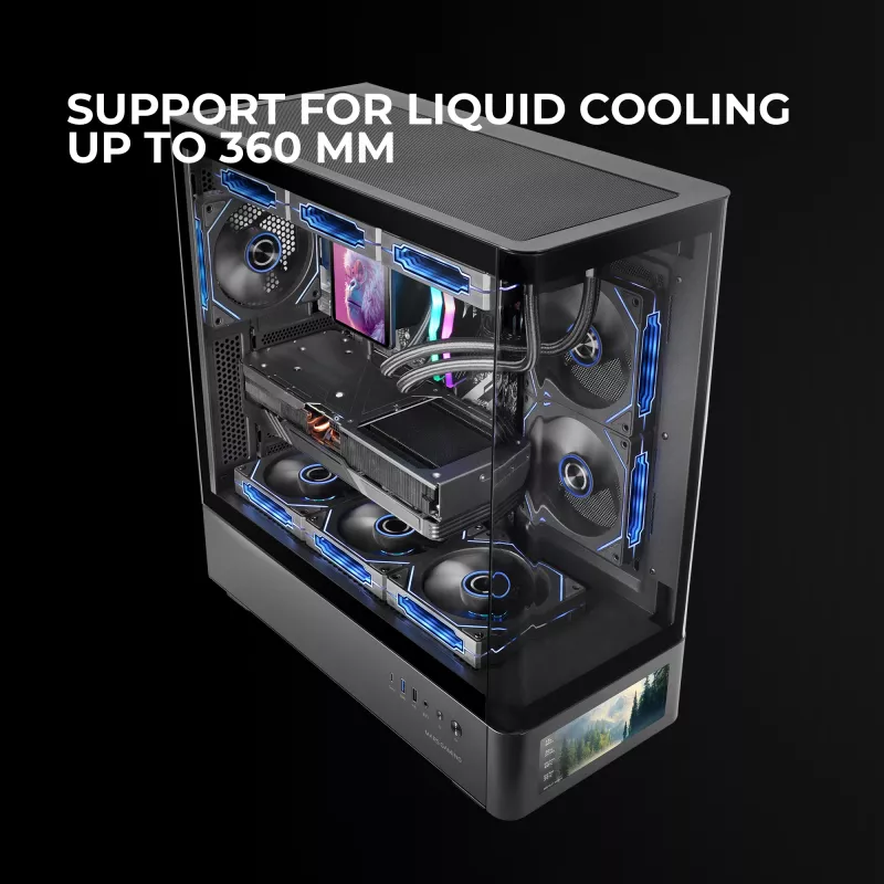 PC korpuss TACENS Mars Gaming MCLCDPRO Midi Tower — Melns, IPS 7.2 collu Displejs, Apakšējais barošanas bloks, ATX/Micro‑ATX/Mini‑ITX atbalsts