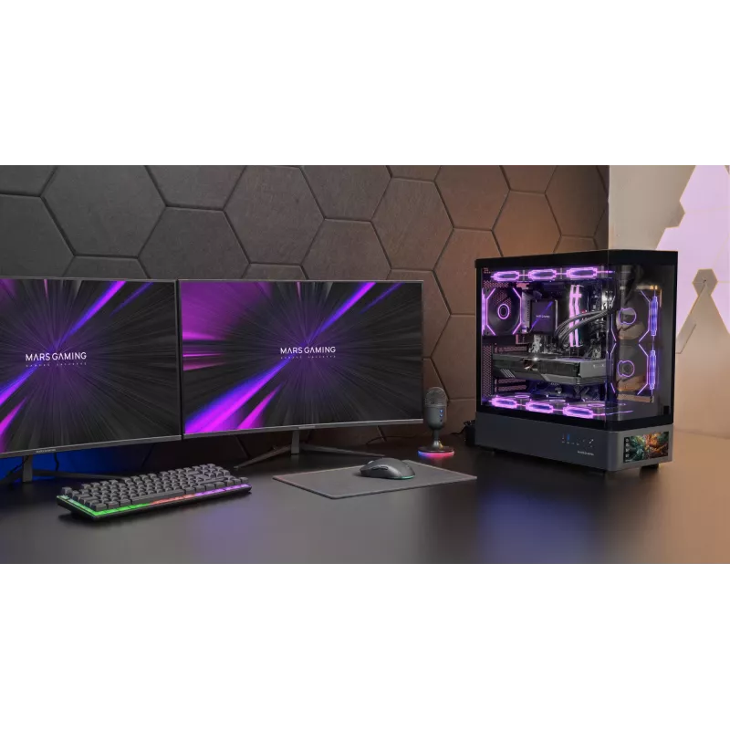 PC korpuss TACENS Mars Gaming MCLCDPRO Midi Tower — Melns, IPS 7.2 collu Displejs, Apakšējais barošanas bloks, ATX/Micro‑ATX/Mini‑ITX atbalsts