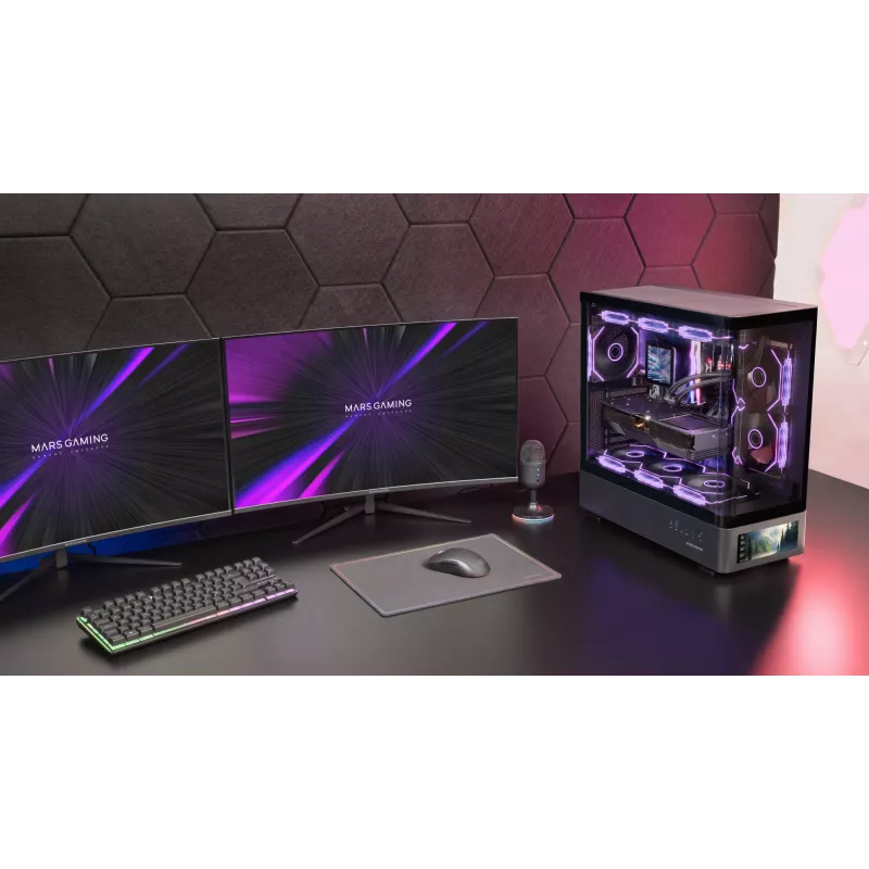 PC korpuss TACENS Mars Gaming MCLCDPRO Midi Tower — Melns, IPS 7.2 collu Displejs, Apakšējais barošanas bloks, ATX/Micro‑ATX/Mini‑ITX atbalsts