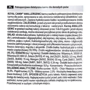 Sausā suņu barība Royal Canin Anallergenic 8 kg — pieaugušiem suņiem hipoalerģiska mājputnu formula, bez glutēna, bez laktozes