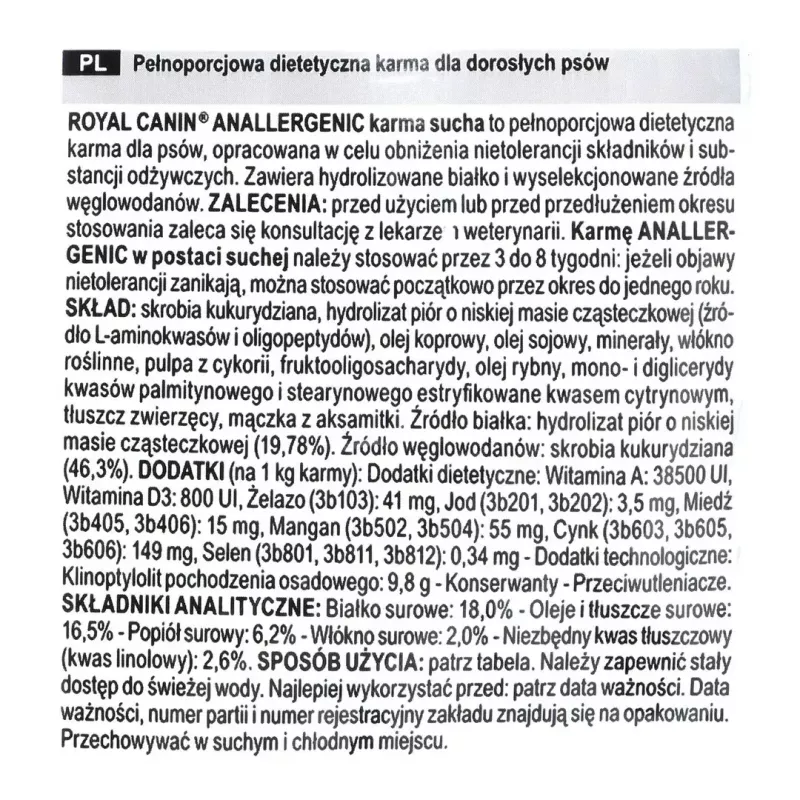 Sausā suņu barība Royal Canin Anallergenic 8 kg — pieaugušiem suņiem hipoalerģiska mājputnu formula, bez glutēna, bez laktozes