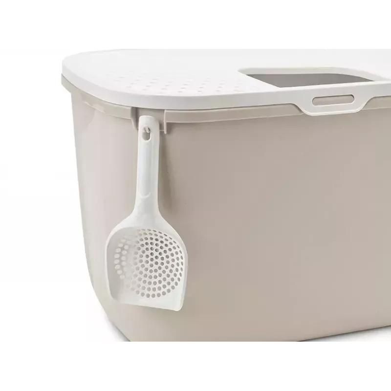 Augšējās piekļuves kastīte kaķiem Savic Hop In, plastmasa, bēša/balta, 585×390×395 mm