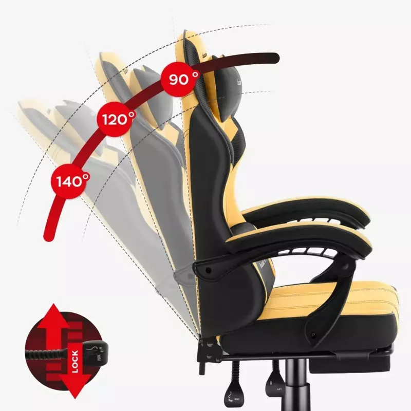 Spēļu krēsls huzaro Force 3.7 — ergonomisks augstas atzveltnes grozāmais krēsls, dzeltens sēdeklis, regulējami roku balsti, augstums 107,5–116,5 cm