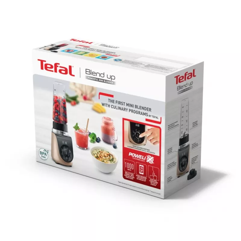 Galda blenderis Tefal Blend Up BL190AF0 — 0,85 L bļoda, 1000 W, 6 asmeņu Powelix, impulsa režīms, ledus smalcināšana (Caurspīdīgs/Melns/Bēšs)
