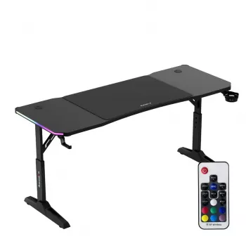 Spēļu galds huzaro Hero 4.6 RGB — melna taisnstūra virsma 1600×600 mm, augstums 560–790 mm, H veida kājas, RGB fona apgaismojums