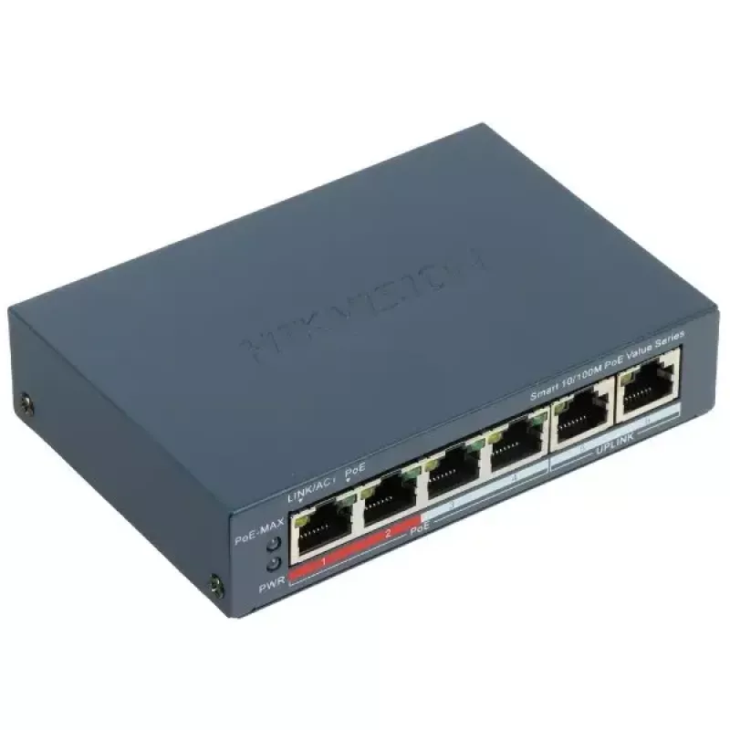 Tīkla komutators Hikvision DS-3E1106P-EI — 6 portu PoE Ethernet komutators, nepārvaldāms, 10/100 Mb/s