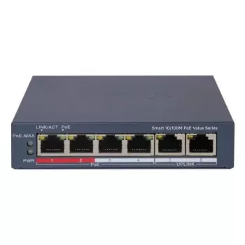 Tīkla komutators Hikvision DS-3E1106P-EI — 6 portu PoE Ethernet komutators, nepārvaldāms, 10/100 Mb/s