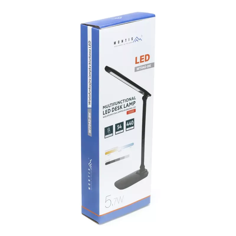 Galda lampa MONTIS MT042-BK, LED 5.7W, regulējama, 440 lm, 3000–5400K, melna, 410×144×58 mm