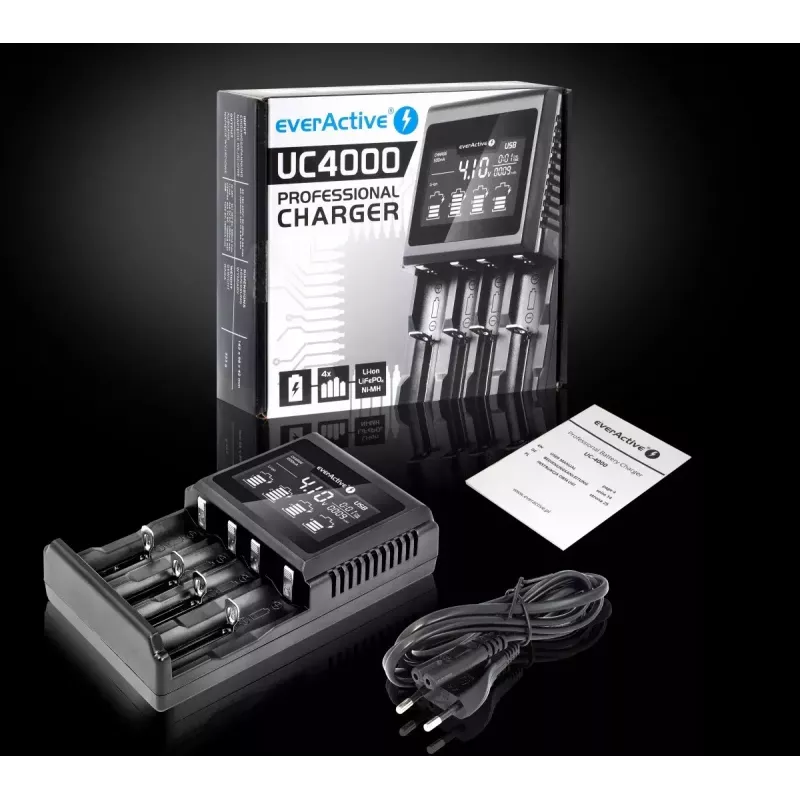 Baterijas lādētājs everActive UC-4000 AA/AAA mājsaimniecības baterijām, 4 sloti, 100–240V, melns